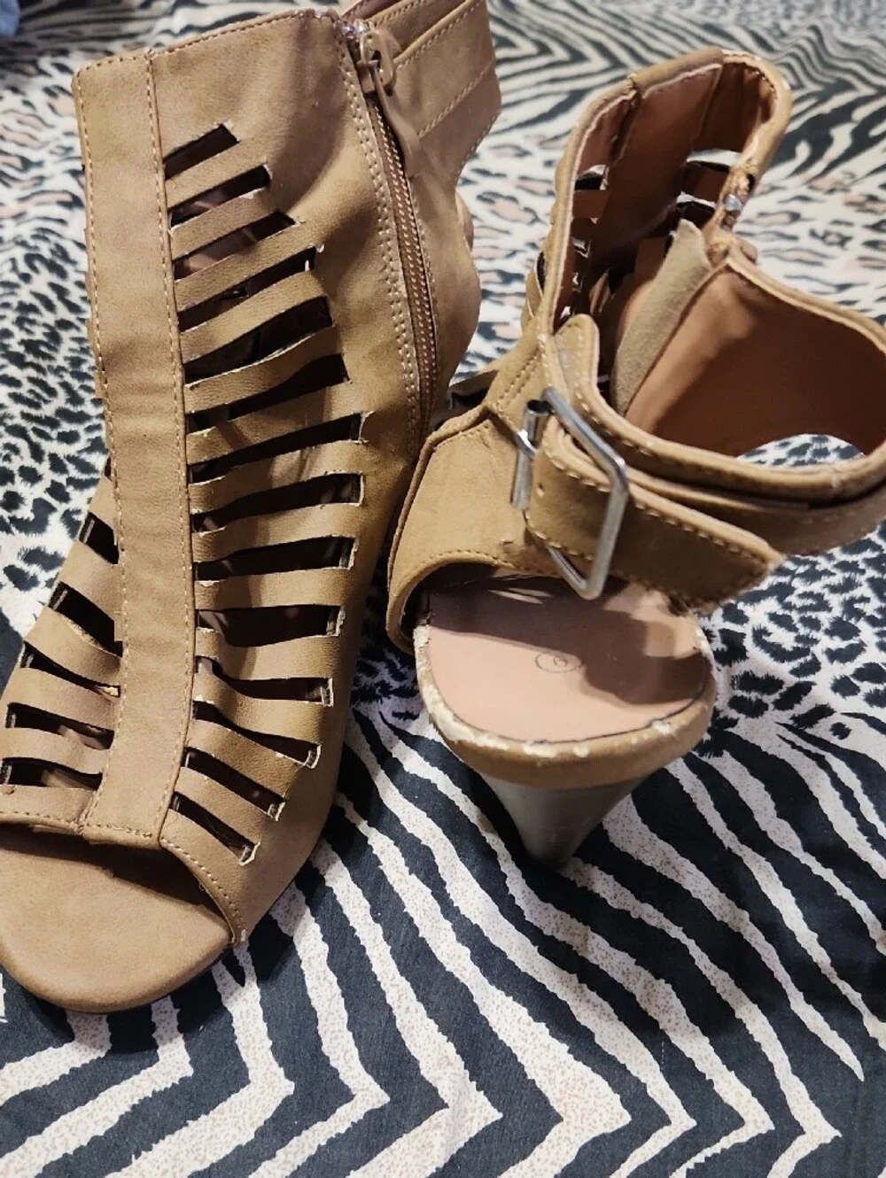 Charles Albert Tan Strappy Cutout Heeled Sandals